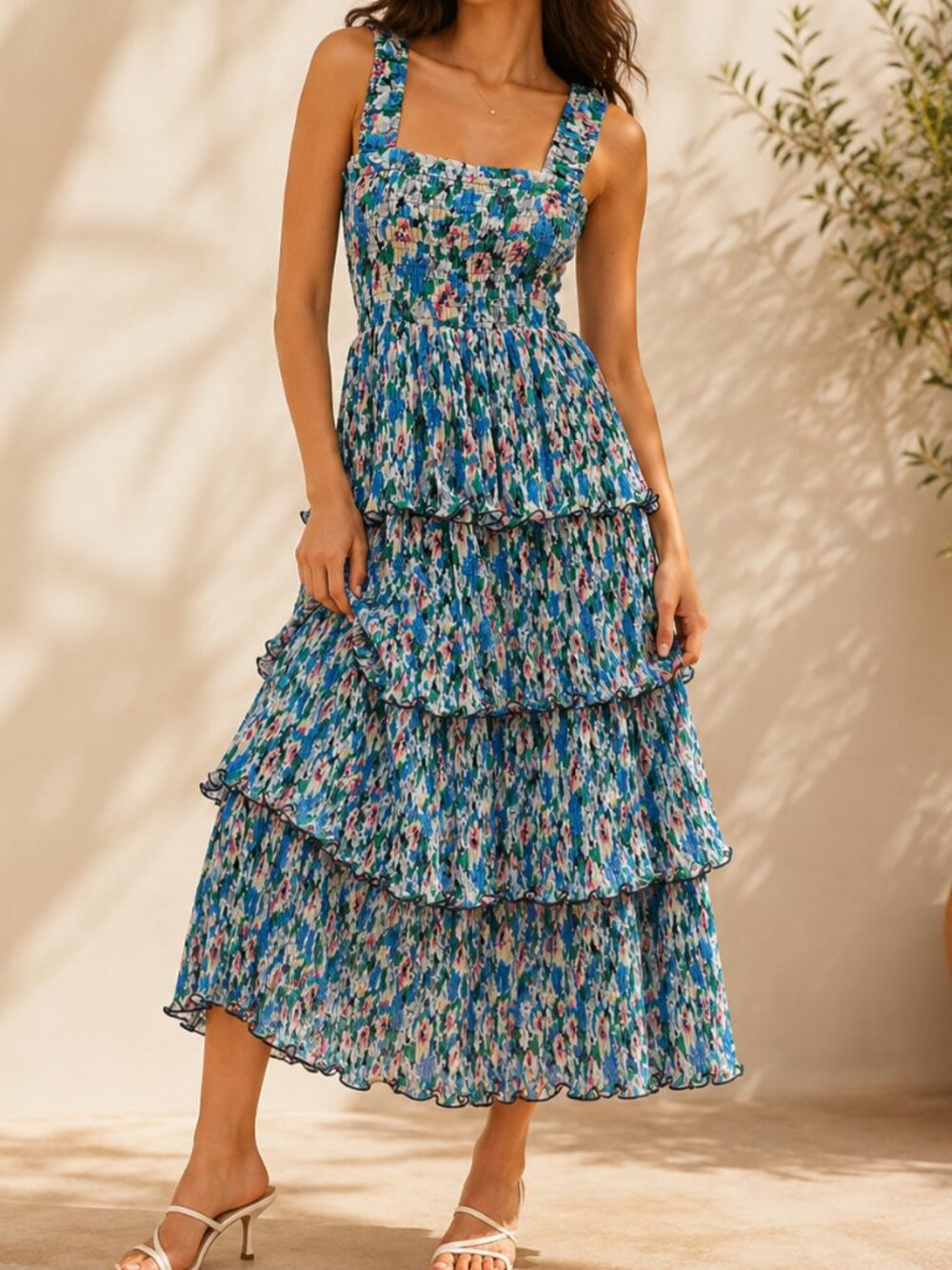 Ganni Pleated Georgette Smock Midi Dress - Floral Azure Blue